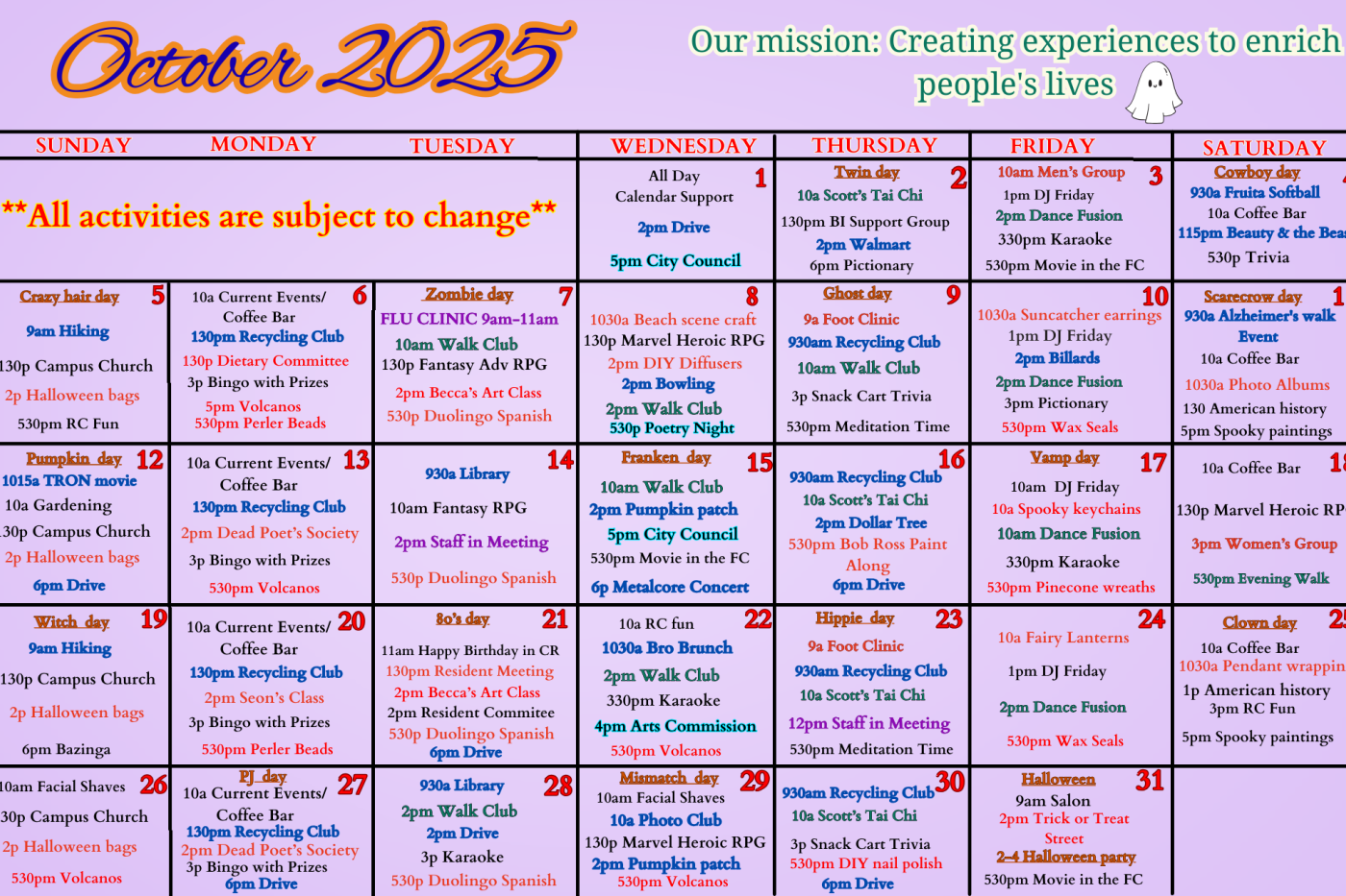 October Activities Calendar